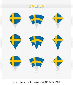 Schwedenflagge, Reihe von Pin-Symbolen für den Standort Schweden Flagge. Vektorgrafik nationaler Symbole.
