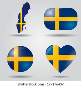 Sweden flag set in map, oval, circular and heart shape.