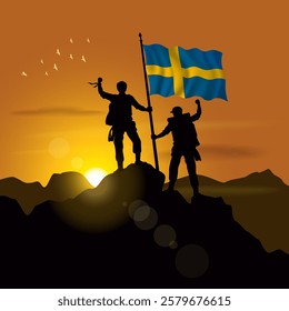 Sweden, flag, silhouette of two climbers holding flags at sunset