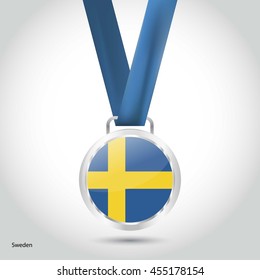 Sweden Flag in Silver Medal. Vector Illustration. RIO Olympic Game silver Medal. Vector Illustration