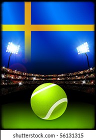 Sweden Flag and Tennis Ball on Stadium Background Original Illustration
