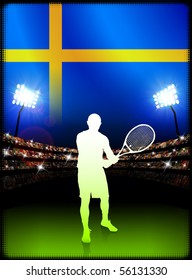 Sweden Flag and Tennis Player on Stadium Background Original Illustration