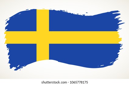 Sweden flag vector hand drawn illustration. Blue brush stroke silhouette with yellow stripes isolated over whte background.