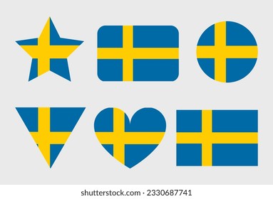 Sweden flag vector icons set of illustrations in the shape of heart, star, circle and map
