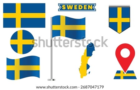 Sweden Flag Vector Set Waving Flag, Map, Icon, and Badge Designs.