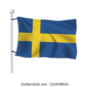 Sweden flag waves on a flagpole, white background vector
