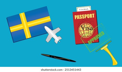 Sweden flag with white plane icon. Passport with visa approved stamp. Black stylish Pen. Sweden Travel poster. Editable vector EPS available