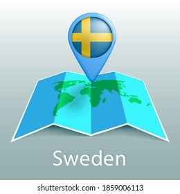 Sweden flag world map in pin with name of country