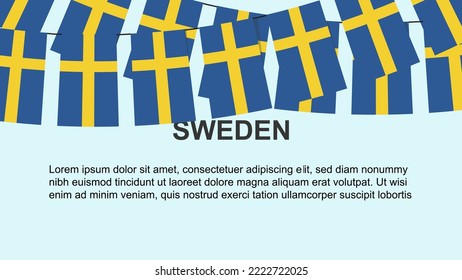 Schweden Flaggen an Seil, Fest- und Grußkonzept, viele schwedische Flaggen mit Textraum, Banner- und Plakatgedanken, Dekormaterial, Unabhängigkeitstag