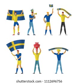 Sweden football fans. Cheerful soccer supporters crowd. vector illustration.