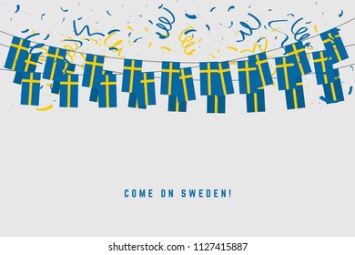 Sweden garland flag with confetti on gray background, Hang bunting for Sweden celebration template banner. vector