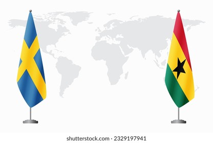 Sweden and Ghana flags for official meeting against background of world map.