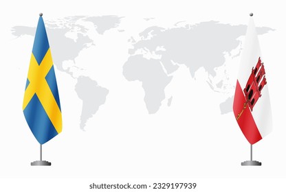 Sweden and Gibraltar flags for official meeting against background of world map.