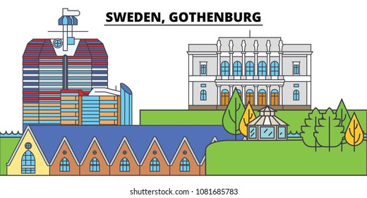 Sweden, Gothenburg. City skyline, architecture, buildings, streets, silhouette, landscape, panorama, landmarks. Editable strokes. Flat design line vector illustration concept. Isolated icons