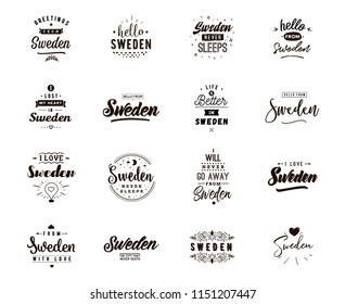 Sweden. Greeting cards, vector design. Isolated logos. Typography set.