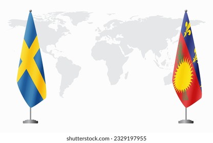 Sweden and Guadeloupe flags for official meeting against background of world map.