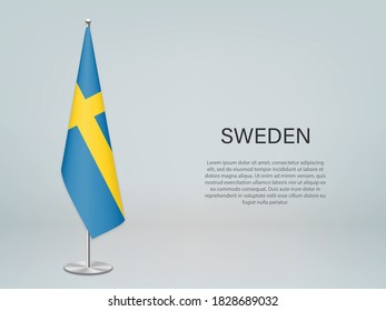 Sweden hanging flag on stand. Template for politic conference banner