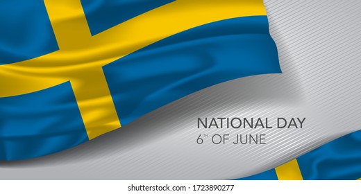 Sweden happy national day greeting card, banner, horizontal vector illustration. Swedish holiday 6th of June design element with waving flag as a symbol of independence