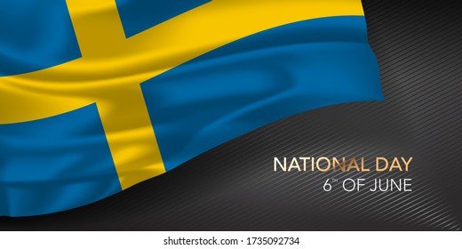 Sweden happy national day greeting card, banner with template text vector illustration. Swedish memorial holiday 6th of June design element with 3D flag with yellow cross