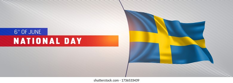 Sweden happy national day greeting card, banner vector illustration. Swedish national holiday 6th of June design element with 3D waving flag on flagpole