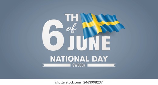 Sweden happy national day greeting card, banner with template text vector illustration. Swedish memorial holiday 6th of June design element with 3D flag with cross