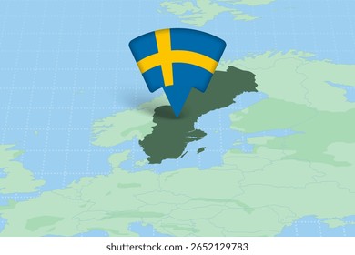 Sweden Highlighted on Europe Map with Flag Icon. Detailed Vector Design.