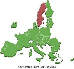 Sweden highlighted within European Union Three-Dimensional Stylized Map Isolated On White Background, EPS 10 Vector