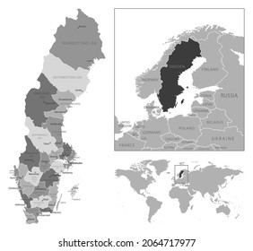 Sweden - highly detailed black and white map. Vector illustration