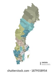 Sweden higt detailed map with subdivisions. Administrative map of Sweden with districts and cities name, colored by states and administrative districts. Vector illustration.