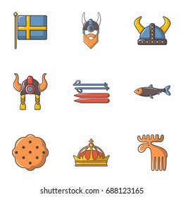 Sweden history icons set. Cartoon set of 9 sweden history vector icons for web isolated on white background