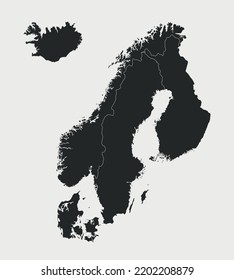 Sweden, Iceland, Norway, Finland, Denmark, Finland map isolated on white background. Scandinavia map. Vector illustration	