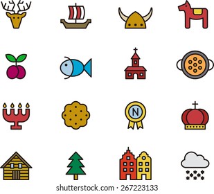 Sweden icons, outlined and colored in white background