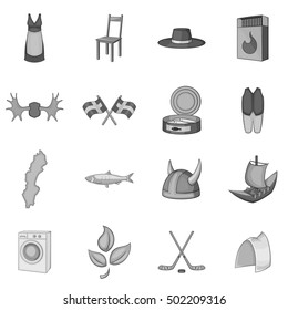 Sweden icons set. Gray monochrome illustration of 16 sweden vector icons for web