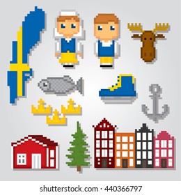 Sweden icons set. Pixel art. Old school computer graphic style. Games elements.