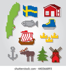Sweden icons set. Pixel art. Old school computer graphic style. Games elements.