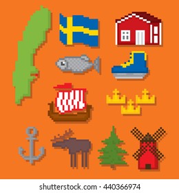 Sweden icons set. Pixel art. Old school computer graphic style. Games elements.