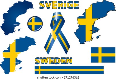Sweden Icons. Set of vector graphic images and symbols representing Sweden. The text says 'Sweden' in Swedish.
