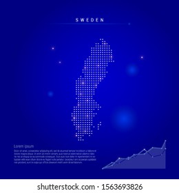 Sweden illuminated map with glowing dots. Infographics elements. Dark blue space background. Vector illustration. Growing chart, lorem ipsum text.