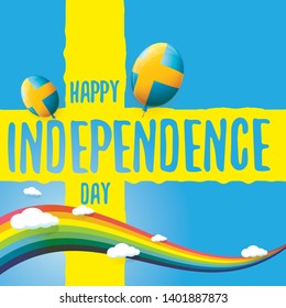 sweden indepedence day celebration banner or poster with greeting text and balloons in sky with rainbow and clouds. vector swedish greeting card.