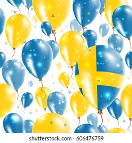 Sweden Independence Day Seamless Pattern. Flying Rubber Balloons in Colors of the Swedish Flag. Happy Sweden Day Patriotic Card with Balloons, Stars and Sparkles.