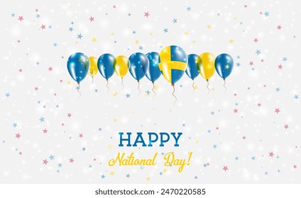 Sweden Independence Day Sparkling Patriotic Poster. Row of Balloons in Colors of the Swedish Flag. Greeting Card with National Flags, Confetti and Stars.