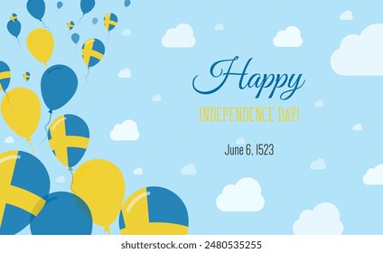 Sweden Independence Day Sparkling Patriotic Poster. Row of Balloons in Colors of the Swedish Flag. Greeting Card with National Flags, Blue Skyes and Clouds.