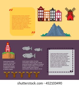 Sweden infographic banner set. Pixel art. Old school computer graphic style. Games elements.