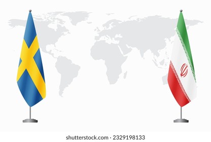 Schweden und der Iran Flaggen für offizielle Treffen vor dem Hintergrund der Weltkarte.