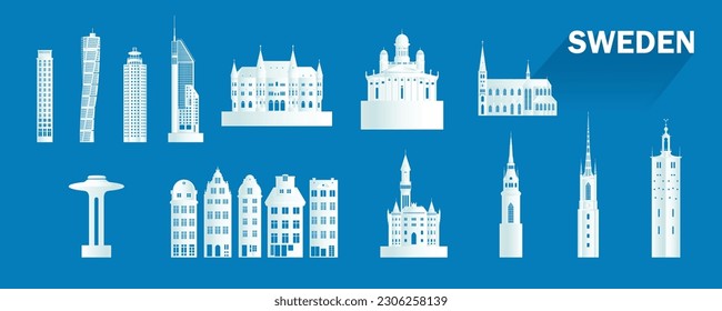 Sweden isolated architecture icon set and symbol with tour europe landmark for brochure, Travel landmarks Sweden with isolated silhouette architecture on blue background, advertisement, template.
