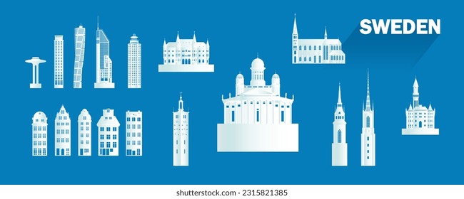 Sweden isolated architecture icon set and symbol with tour europe landmark for brochure, Travel landmarks Sweden with isolated silhouette architecture on blue background, advertisement, template.