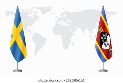 Sweden and Kingdom of eSwatini - Swaziland flags for official meeting against background of world map.