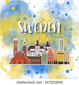 Sweden Landmark Global Travel And Journey watercolor background. Vector Design Template.used for your advertisement, book, banner, template, travel business or presentation.