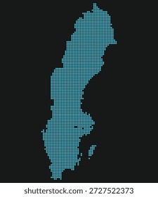 Mapa punteado azul claro de Suecia sobre fondo negro para centros de defensa cibernética. Mapa de Suecia en estilo punteado.