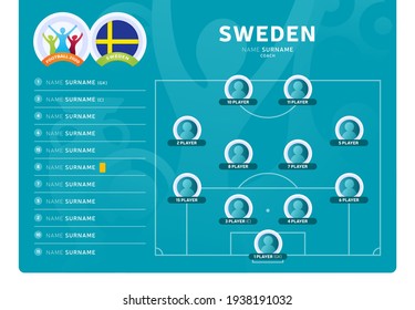 Sweden line-up Football 2020 tournament final stage vector illustration. Country team lineup table and Team Formation on Football Field. Euro 2020 soccer tournamet Vector country flags.